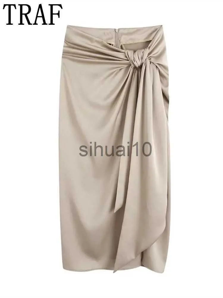 Kjolar fälla knutna långa kjol kvinnor hög midja kjol med slits ruched eleganta kjolar kvinna mode 2022 vintage midi split kjol j230621