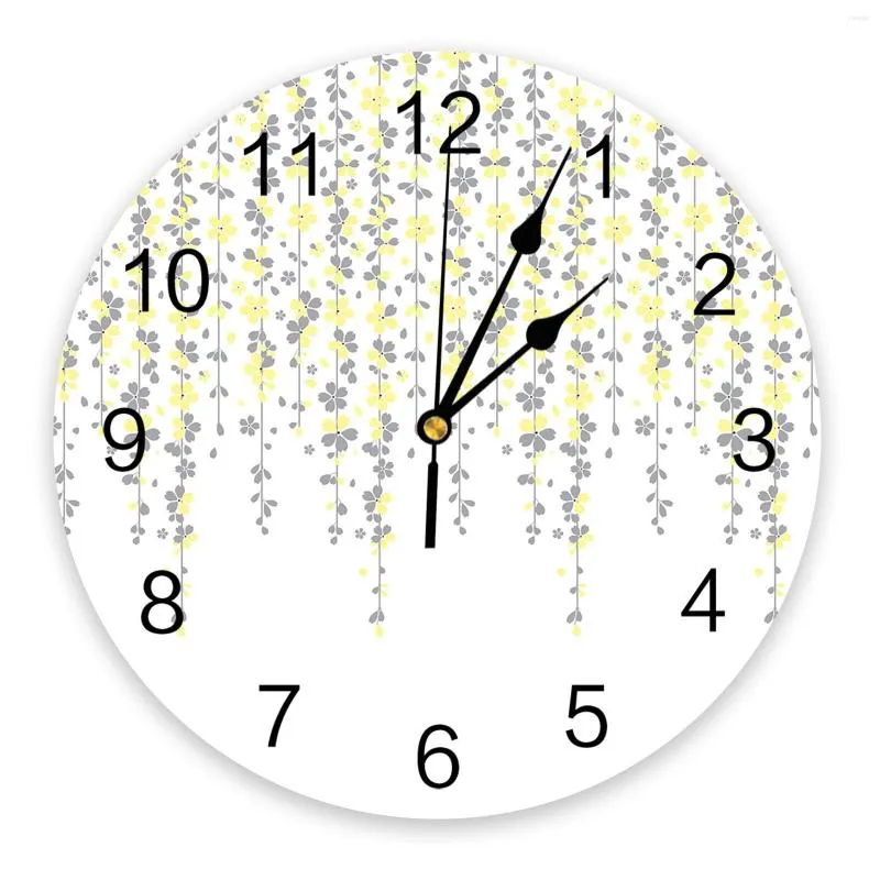 Horloges murales fleur de cerisier fleur printemps jaune gris grande chambre d'enfant montre silencieuse décor de bureau 10 pouces cadeau suspendu