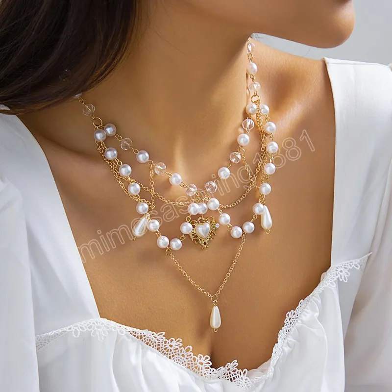 Imitation Pearl Cross Chain Women Necklace Trendy Heart Pendant Choker Smycken Krage Tassel Halsband Bröllopspresent