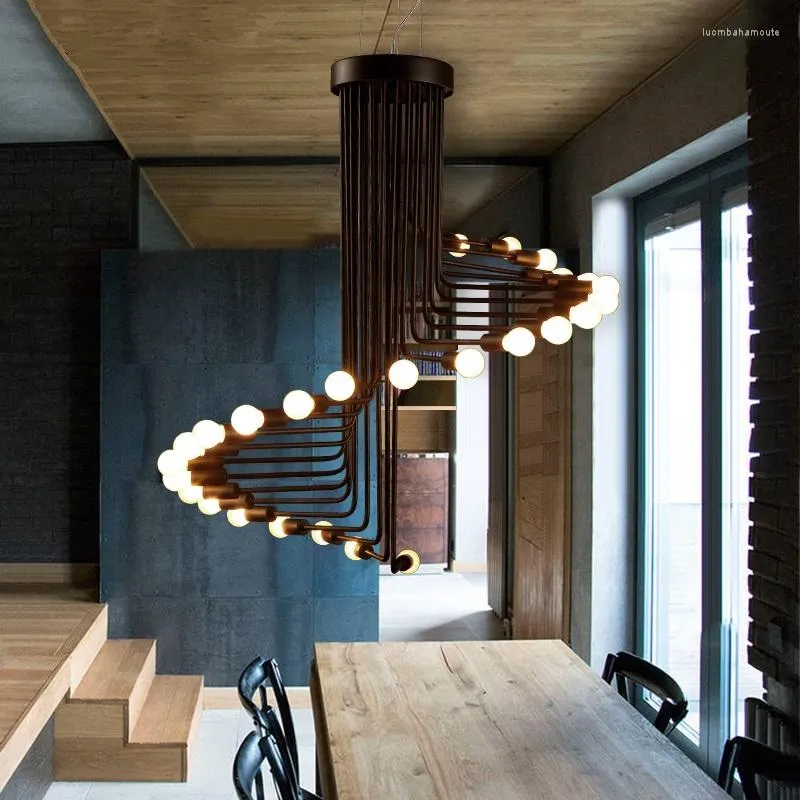 Lampadari Loft Lustre Sospensione Arredamento industriale Spirale Lampadario in ferro battuto E27 Lampadina Tromba delle scale Scala