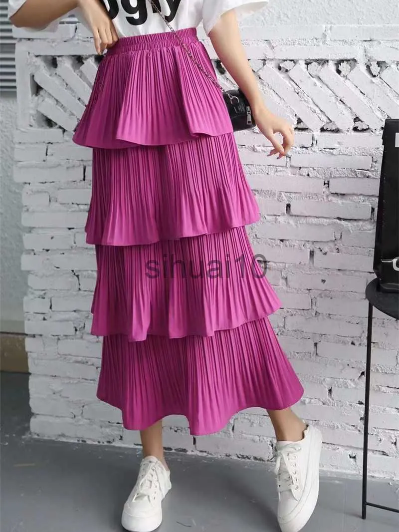 Skirts 2023 New Spring Summer Women High Waist Slim Long Skirt Korean Sweet Solid Color Multi-layer Pleated Hem Cake Skirt 7 Colors J230621