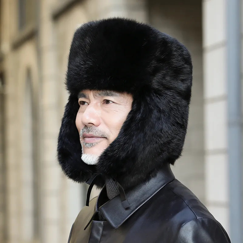 トラッパーハットメンズ 本物のウサギの毛皮ウシュハンカロシア帽子 冬
