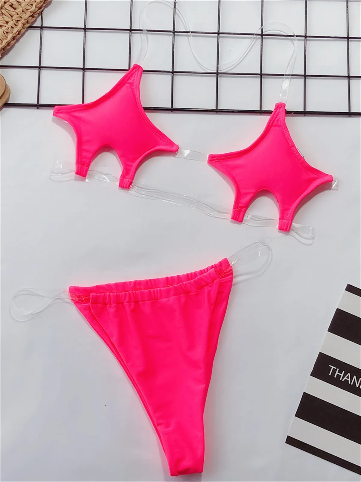 Womens Transparent Neon Micro Bikini With Pentagram Design Clear Strap Thong  Swimsuit From Bian02, $11.14