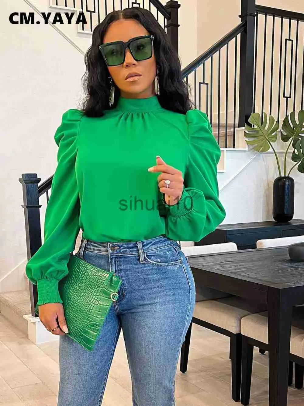 Chemisiers pour femmes Chemises CM.YAYA Femmes Bow Back Stand Neck Puff Blouses à manches longues Tops 2022 Nouvelles chemises Automne Hiver Bureau Lady Work Blouse J230621