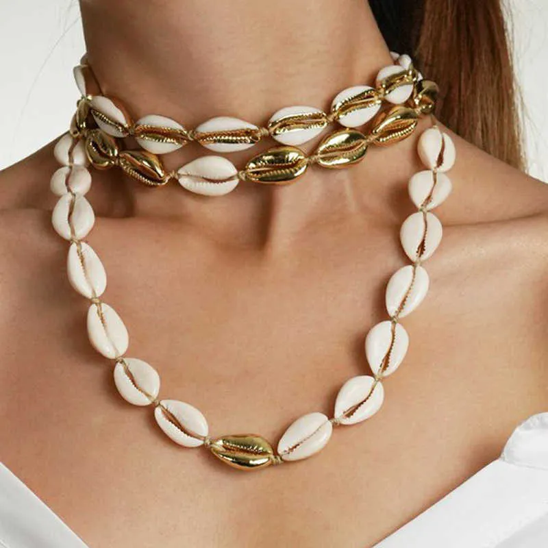 Fashion Hot Shell Necklace Armband Set Gold Color Women Choker Natural Shells Chain Charm Smycken Beach Girl Gift Accessories J0312