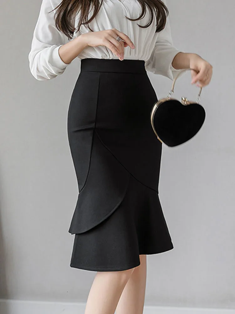 Mermaid Skirt Women Knee-Length Broadcloth Acrylic Ruffles High