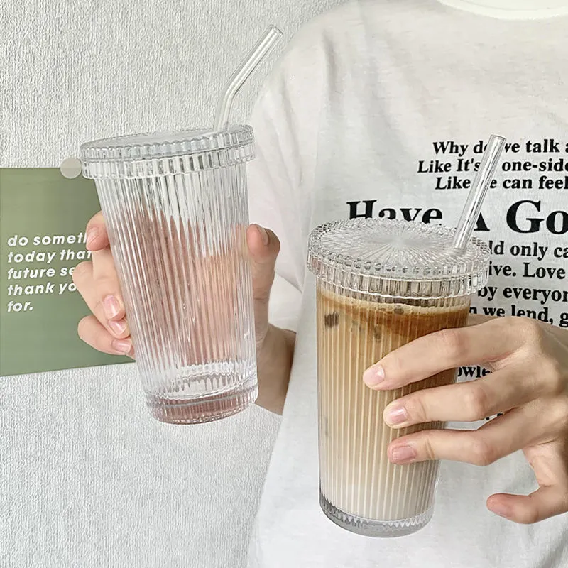 Water Bottles 375Ml Simple Stripe Glass Cup with Lid and Straw Transparent Bubble Tea Cup Juice Glass Beer Can Milk Mocha Cups Breakfast Mug 230620