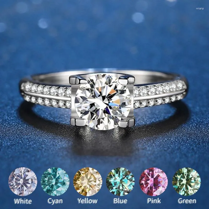 Cluster Rings Classic Moissanite Ring for Women 1 6.5mm Blue Green Pink Red Yellow Gem 2023 Trend S925 Silver Inlay Jewelry