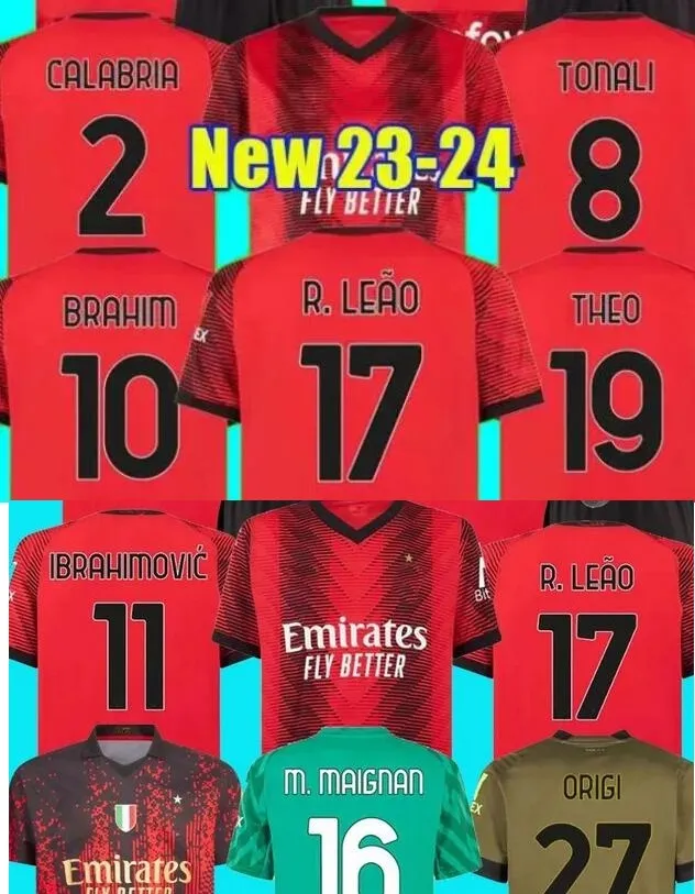 Anpassad 23-24 thailändsk fotbollströjor av hög kvalitet 11 Ibrahimovic 8 Tonali 19 Theo 23 Tomori 90 de Ketelaere 27 Origi Custom Jerseys Tops