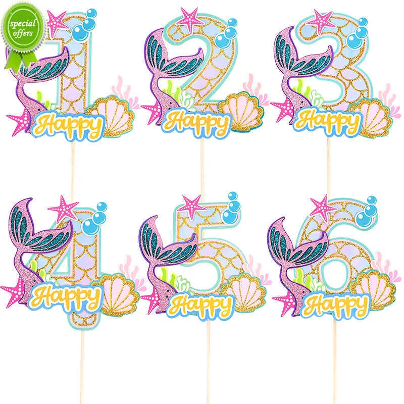 Ny 1-9 Glitter sjöjungfru Tail Cake Topper Girls Mermaid Party levererar barn 1: a födelsedagsfest baby shower dekoration under havet