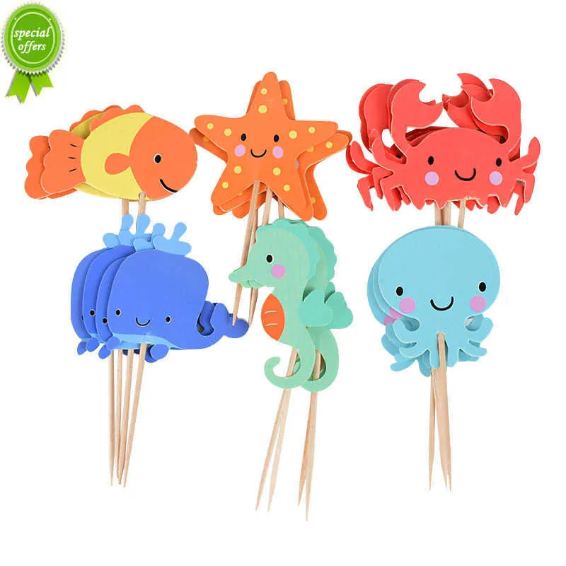 Novos 24pcs Toppers de Cupcake Animal do Oceano Sob o Mar Festa Bolo Bandeiras Menino Chá de Bebê Tema Sereia Festa de Aniversário Decorações de Bolo