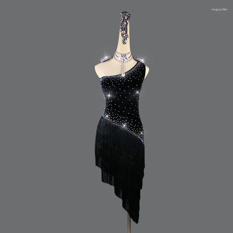 ステージウェアノースリーブラテンダンスドレス女性女の子のための黒いサルサセクシーなスカートコンペティションスーツ