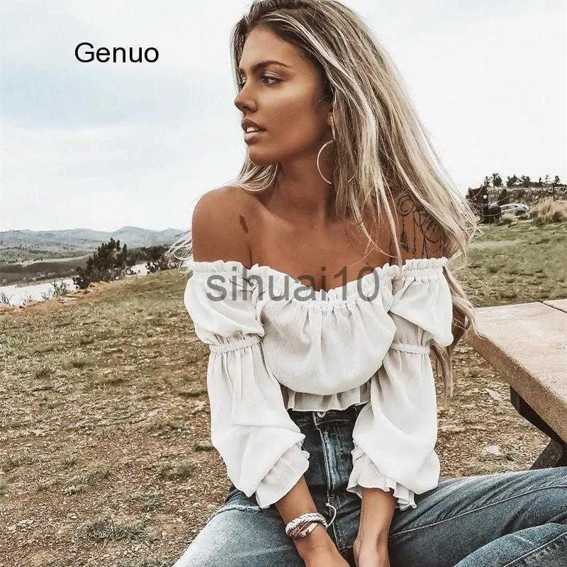 Women's Blouses Shirts Fashion White Chiffon Blouse Shirt Off Shoulder Sexy Crop Tops Ruffles Pull Sleeve Autumn Women's Shirt Blusas J230621