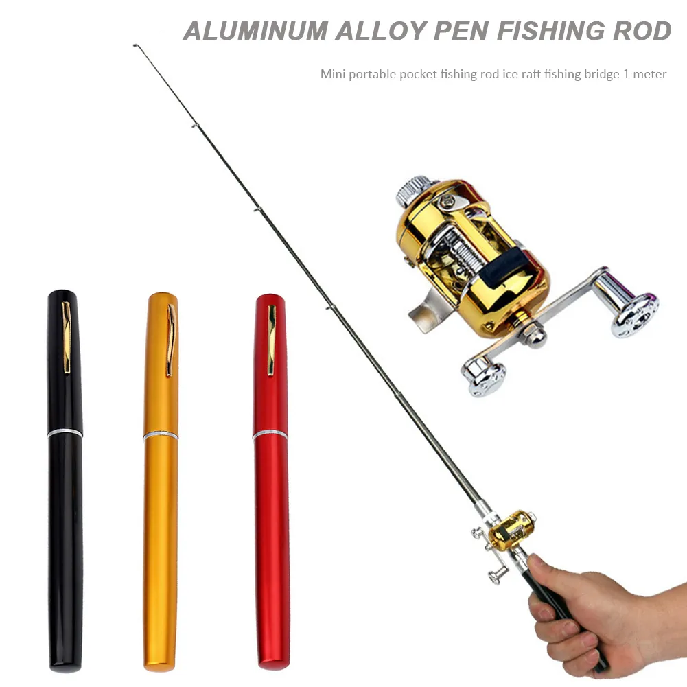 Canne da spinning Tasca portatile telescopica Mini canna da pesca Canna da pesca a forma di penna piegata con ruota per mulinello per lago fluviale all'aperto 230621