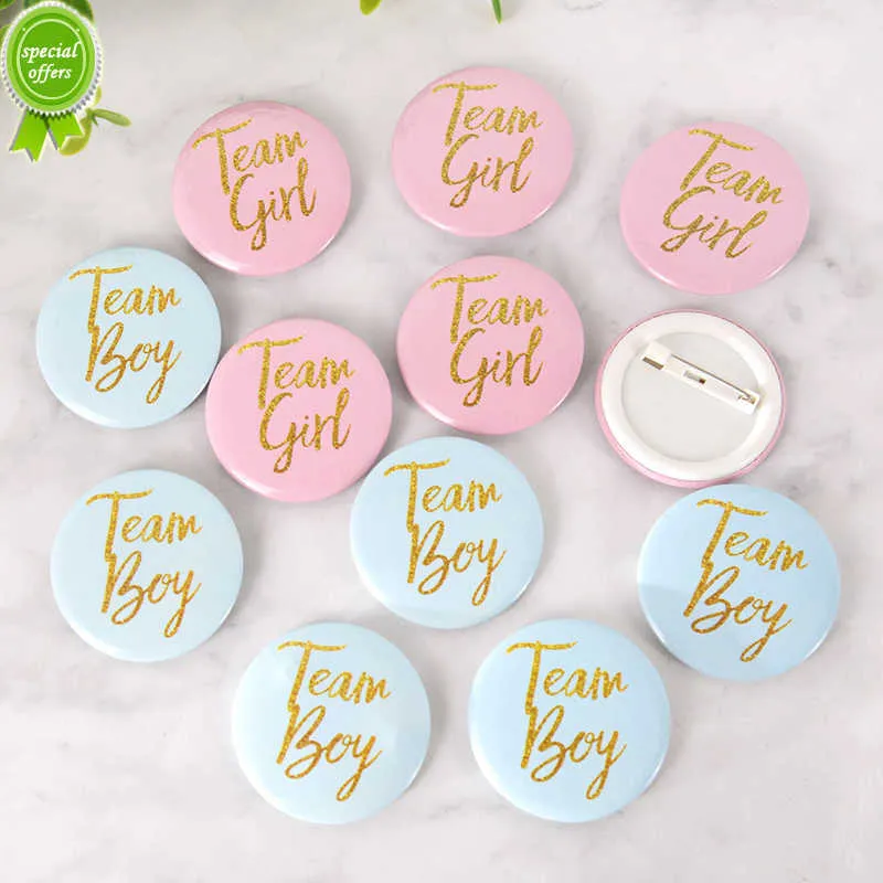 Nowy 12pcs Team Boy Girls Badge Baby Płeć Odwróć przycisk Przycisk Dekoracja Przyciska Pinów Płeć Odsłaniaj Game Prezent Pink Blue Tinplate Baidges