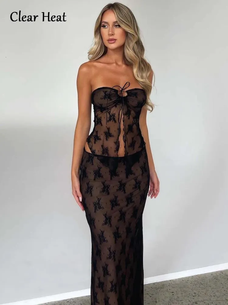 Two Piece Dress Lace Print Sexy Mesh Sheer Skirt Set For Women See Through Strapless Crop Top Skirt Matching Suit Female Night Club Party Set 230620