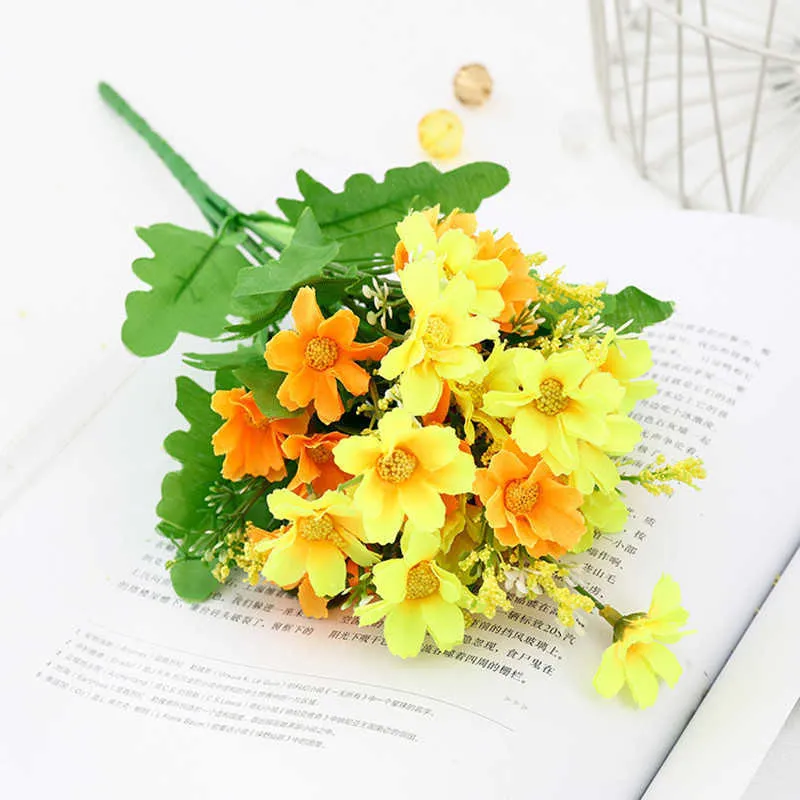 Fleurs séchées décoration de la maison simulation fleur chrysanthème sauvage bouquet artificiel petite marguerite plante verte mariage en soie