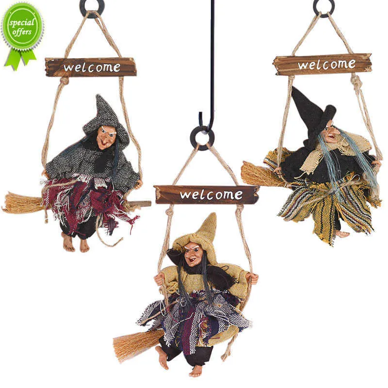 Ny Halloween skräckhäxdocka hängande ornament som flyger häxa med kvasten hänge halloween festdekoration för hemdiy krans