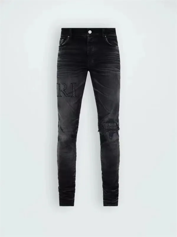 Jeans skinny strappati strappati da uomo firmati Fashion Mens Moto Long Off Cotton Slim Feet High Street Denim Pantaloni azzurri con buco di stoffa