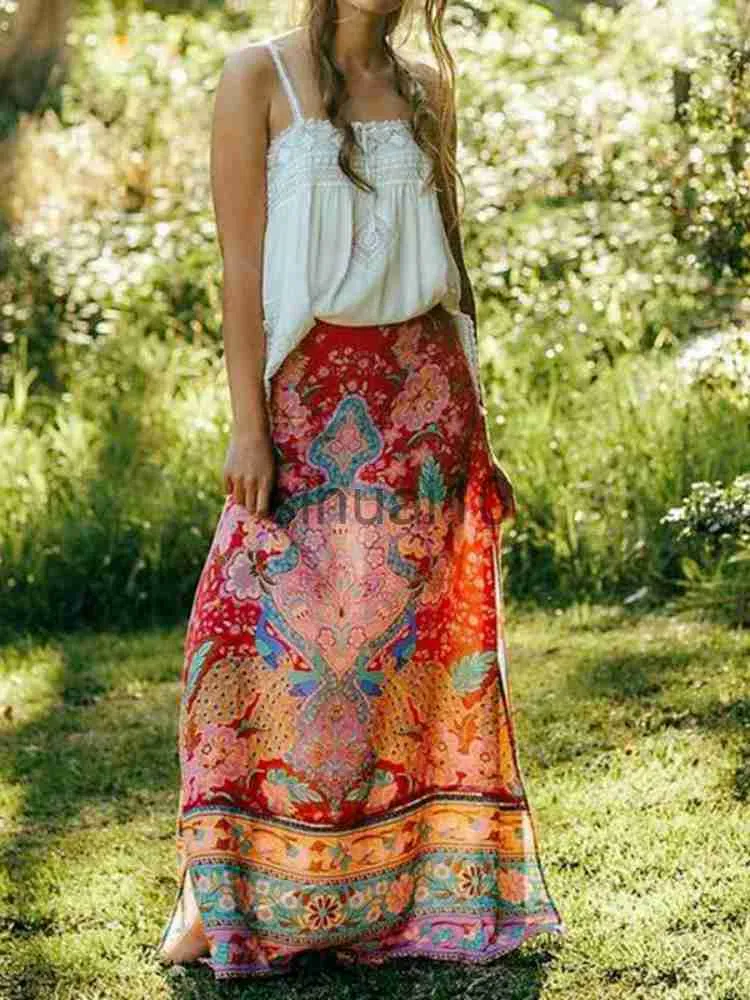 Gonne Happie Queens Donna Stampa floreale pavone Tassel Beach Bohemian Maxi Gonne Lady Elastico in vita Rayon Gothic A-line Boho Skirt J230621