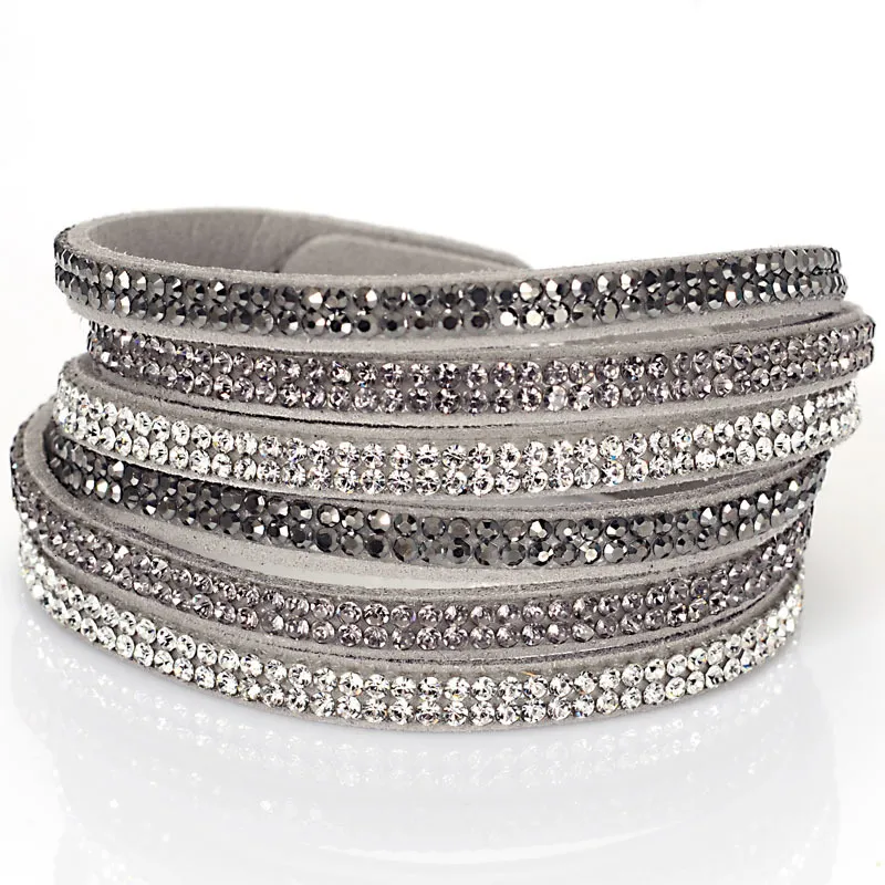 Bangle Miasol Double Wrap Velvet Leather 3 Rows Straps Full Pave