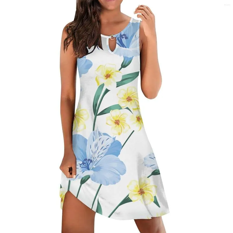 Casual Jurken Zonnejurk Voor Vrouwen Zomer Losse Jurk Mouwloze Bloemenprint Ronde Halter Vrouw