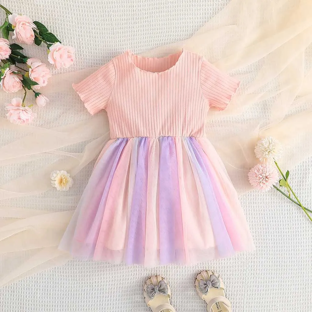 Girl's Dresses Dress For Kids 1-6 Years old Birthday Fashion Short Sleeve Cute Rainbow Tulle Princess Formal Dresses Ootd For Baby Girl AA230531