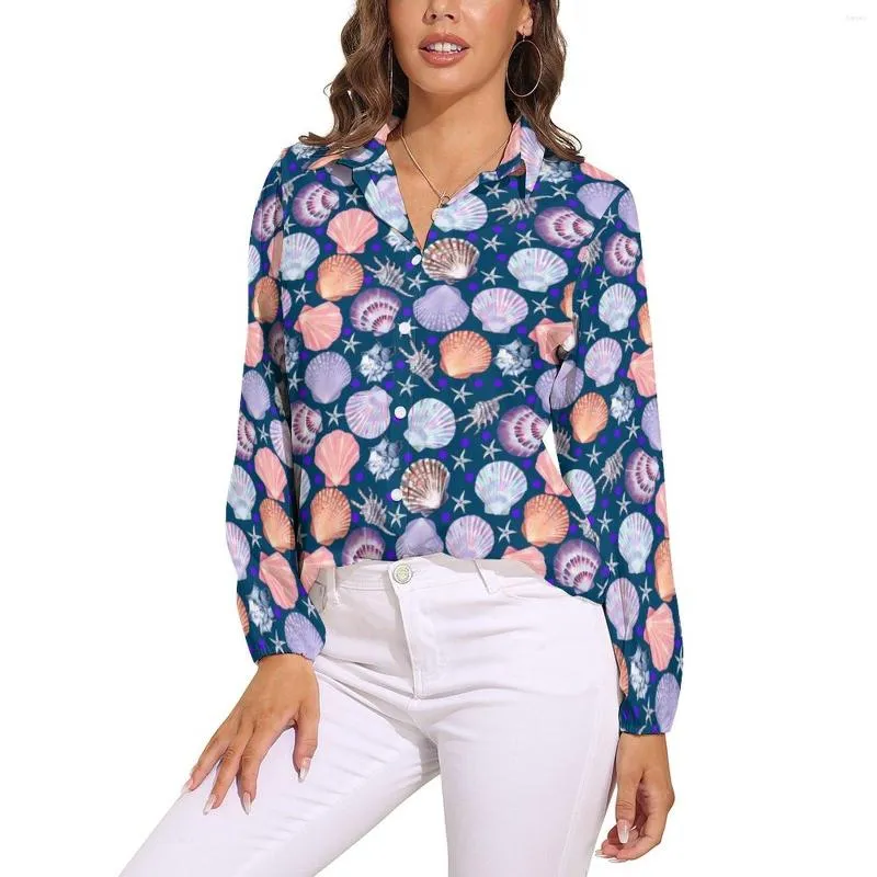 Women's Blouses Sea Shells Loose Blouse Scallop Abstract Casual Oversize Woman Long-Sleeve Kawaii Shirts Summer Printed Tops