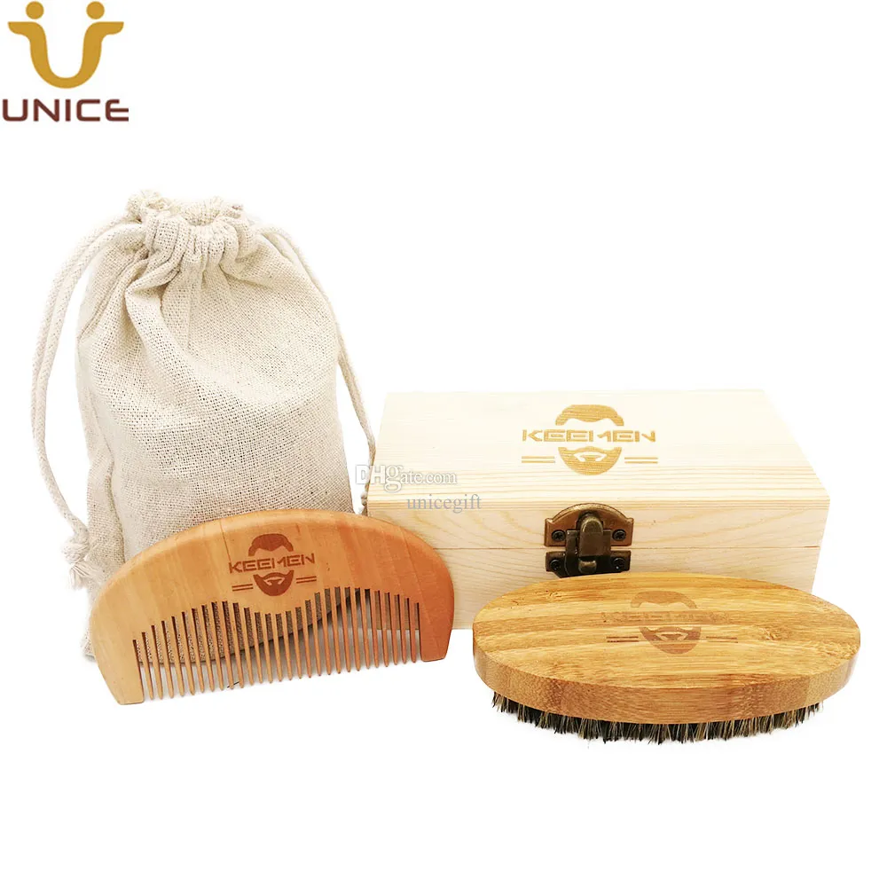 MOQ 50 PCS LOGOTIPO personalizado Pentes de madeira Escova de bambu com cerdas de javali Kits de cuidado de barba em caixa de presente e bolsa de linho para Amazon