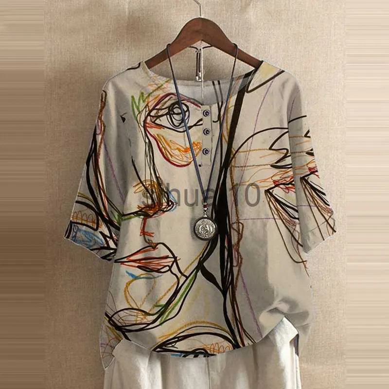 Bluzki damskie koszule moda kwiatowa nadruk Koszula Bluzka Suma swobodne wyciółka na szyję na pół rękawie eleganckie szczupłe koszule streetwearne j230621