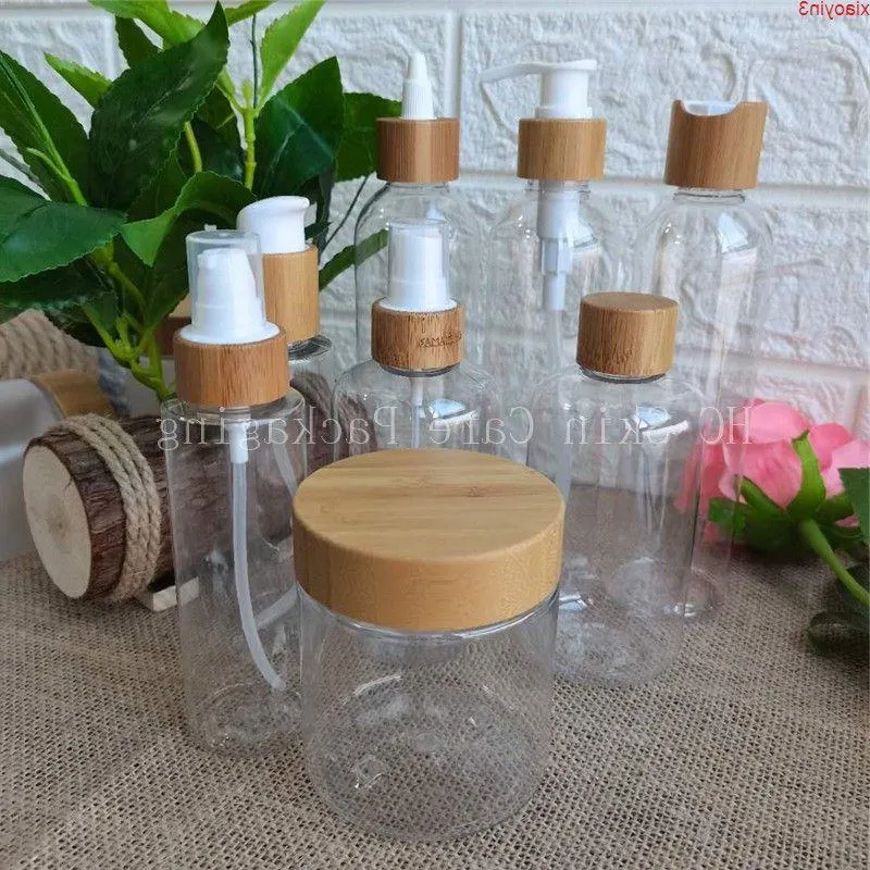 Wholesale frosted plastic/white plastic/clear plastic bottles and jars 60ml 120ml 150ml 250ml bamboo cap spray pump bottlegoods Axesk