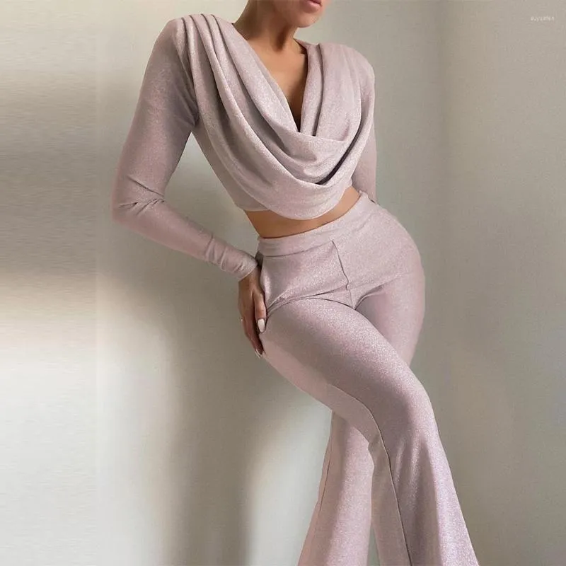 Vrouwen Tweedelige Broek Glitter Drapering Lange Mouwen Top En Set 2023 Aankomst Roze 2 Vrouwen Herfst Sexy Club party Outfits