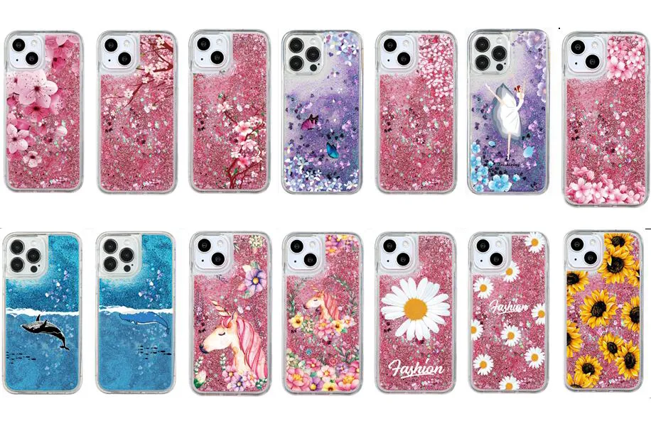 İPhone 15 için Çiçek QuickSand ve Yumuşak TPU Kılıfları 14 Pro Max 13 12 11 XR XS X 8 7 PLUS Moda Sakura Ayçiçeği Unicorn Yunuslar Kelebek Sıvı Bling Parıltı Yüzen Kapak