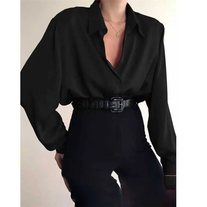 Kvinnors blusar skjortor Ny mode Autumn Women Blus Shirt Lapel Långärmad solid Black Red Ladies Blus för kvinnor Kvinnliga toppkläder J230621