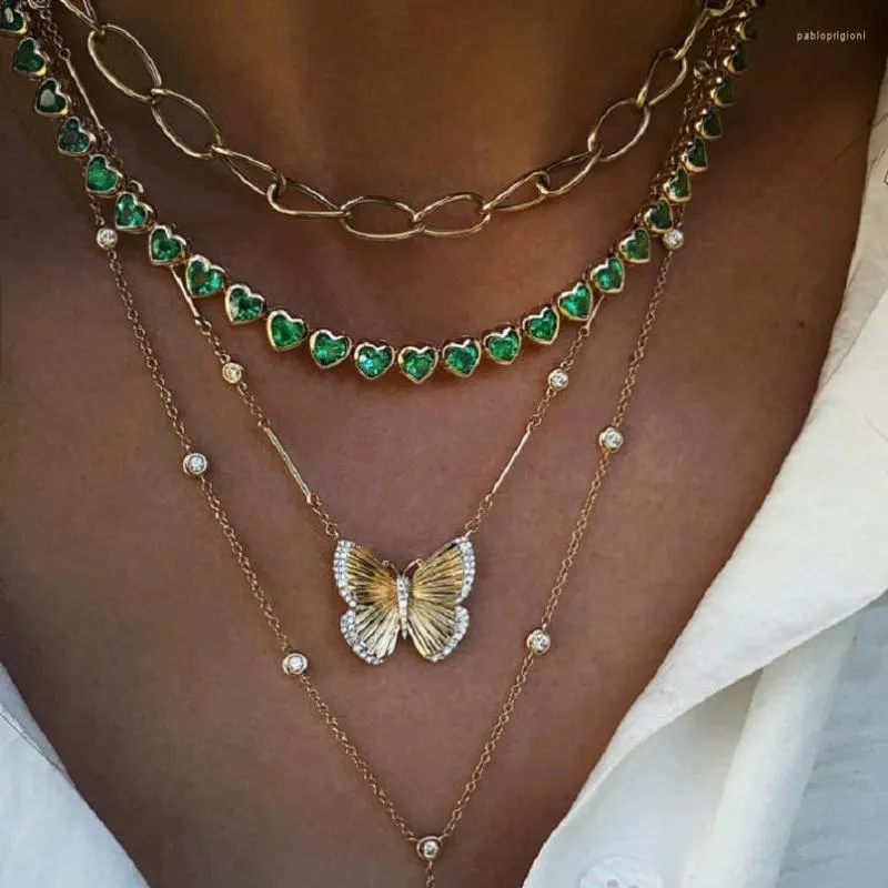 Chains Green Bezel Cubic Zirconia Heart Shaped CZ Choker Collar Necklace High Quality Women Jewelry