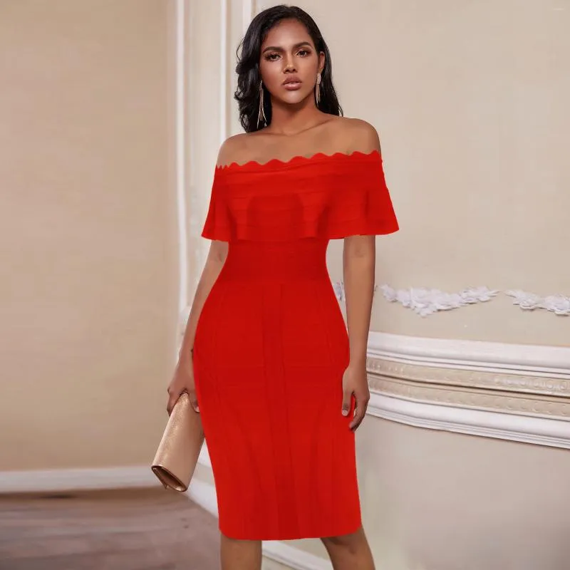 Casual Dresses Red Bandage Dress Sexy Off The Shoulder 2023 Ruffle BodyCon for Women Party Club Night