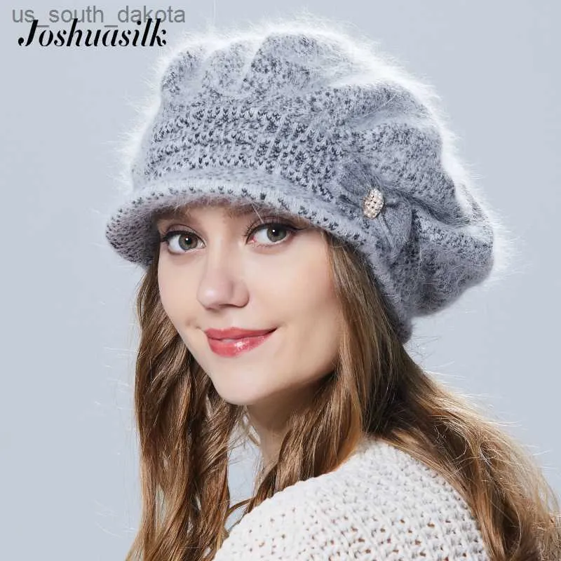 Joshuasilk vinter kvinnor hatt med visir stickad mode angora ull hatt fjäril dekoration dubbel varm hatt l230523