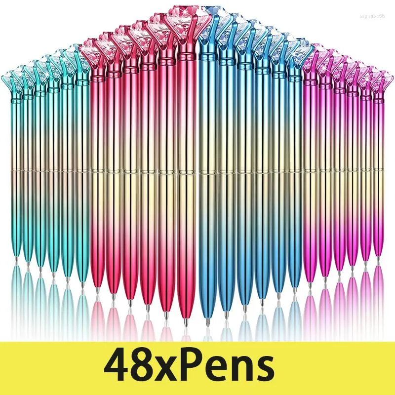 48Pcs Penna a sfera con diamante a colori sfumati Arcobaleno Laser multicolore Grande gemma di particelle Regalo rotante