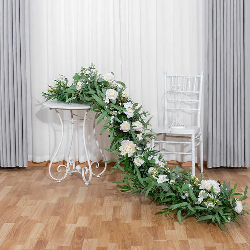 Dried Flowers Large White Artificial Flower Row Ball Fake Plant Runner Wedding Backdrop Wall Decor Centerpiece Table Floral Party Prop Arrange