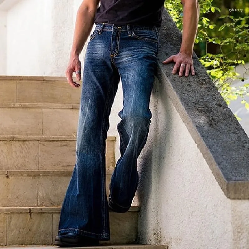 Dżinsowe dżinsy mężczyźni dżinsowe spodnie w połowie talii vintage solidny kolor punkowy styl elastyczne dopasowanie rozszerzone dzikie, swobodne długie spodnie
