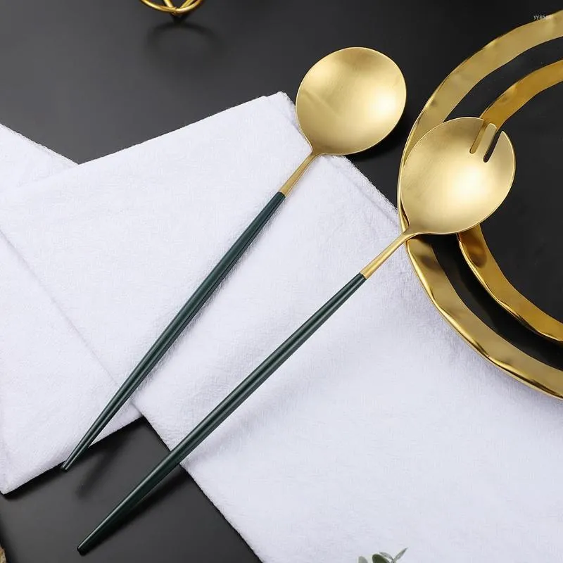 Dinnerware Sets Household Salad Fork Spoon Dark Green Gold Gilded Tableware Service 2Pcs Stainless Steel Flatware Set Drop