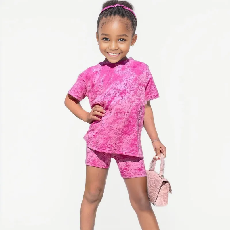 Clothing Sets 1-8Y Kids Children Girls Clothes Set Pink Tie Dye Short Sleeve T Shirts Tops Shorts Pants Summer Baby Girl Clothing Outfits 230620