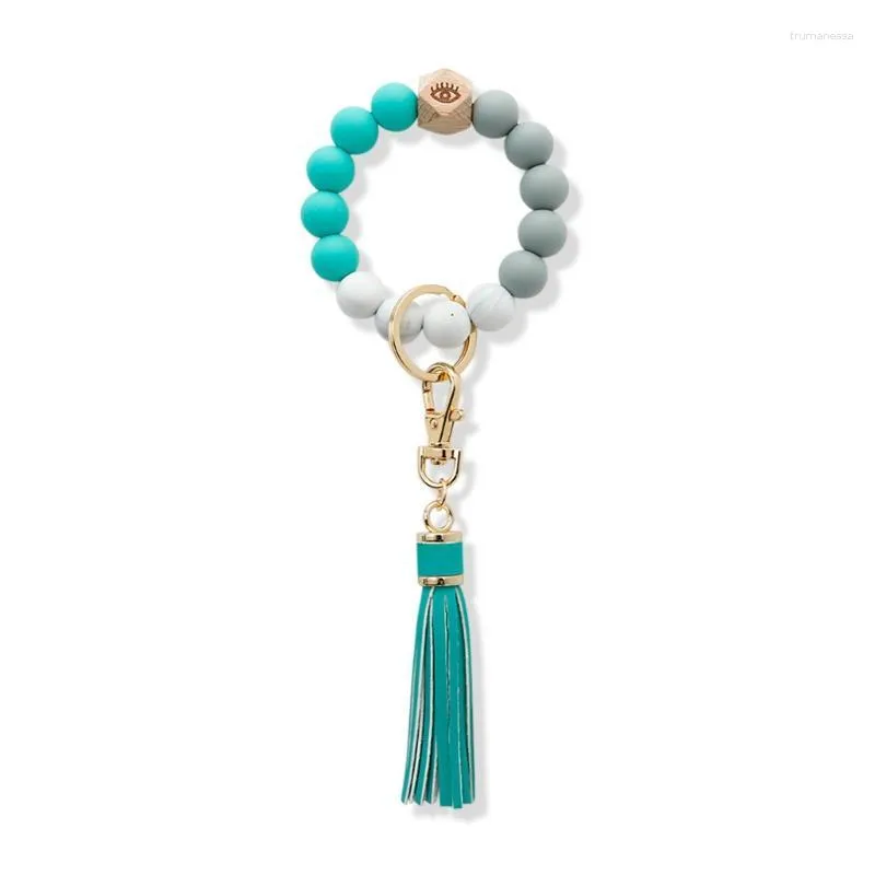 Link Bracelets Chain Natural Wood Eye Charm Bracelet Keychain Wristlet Leather Tassel Food Grade Silicone Bead Key Ring For Women Raym22