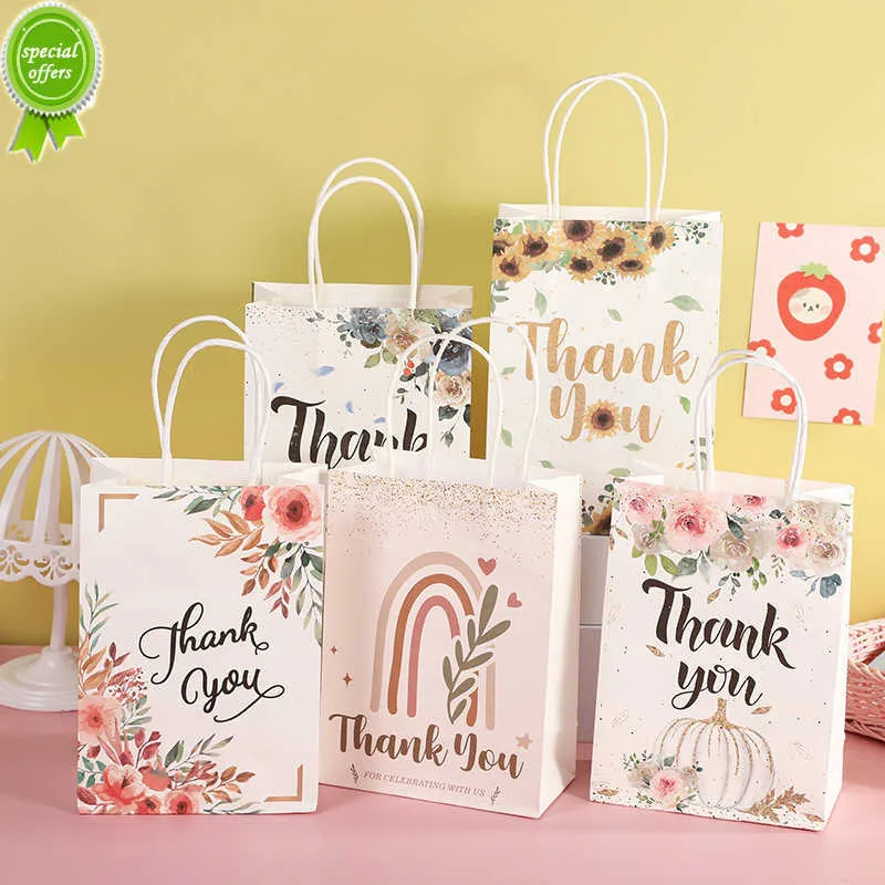 New 5Pcs Floral Design Thank You Kraft Paper Gift Bags for Wedding Birthday Party Gift Packaging Decor Christmas Baby Shower Favors