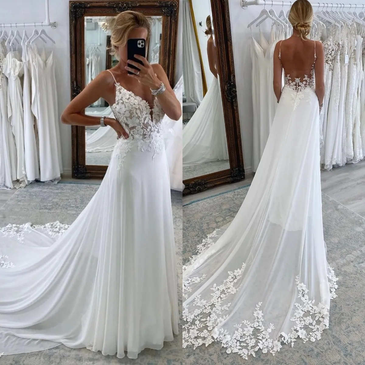 Boho Lace A Line Wedding Dresses Straps Backless Button Appliques Sweep Train designer wedding bridal gowns