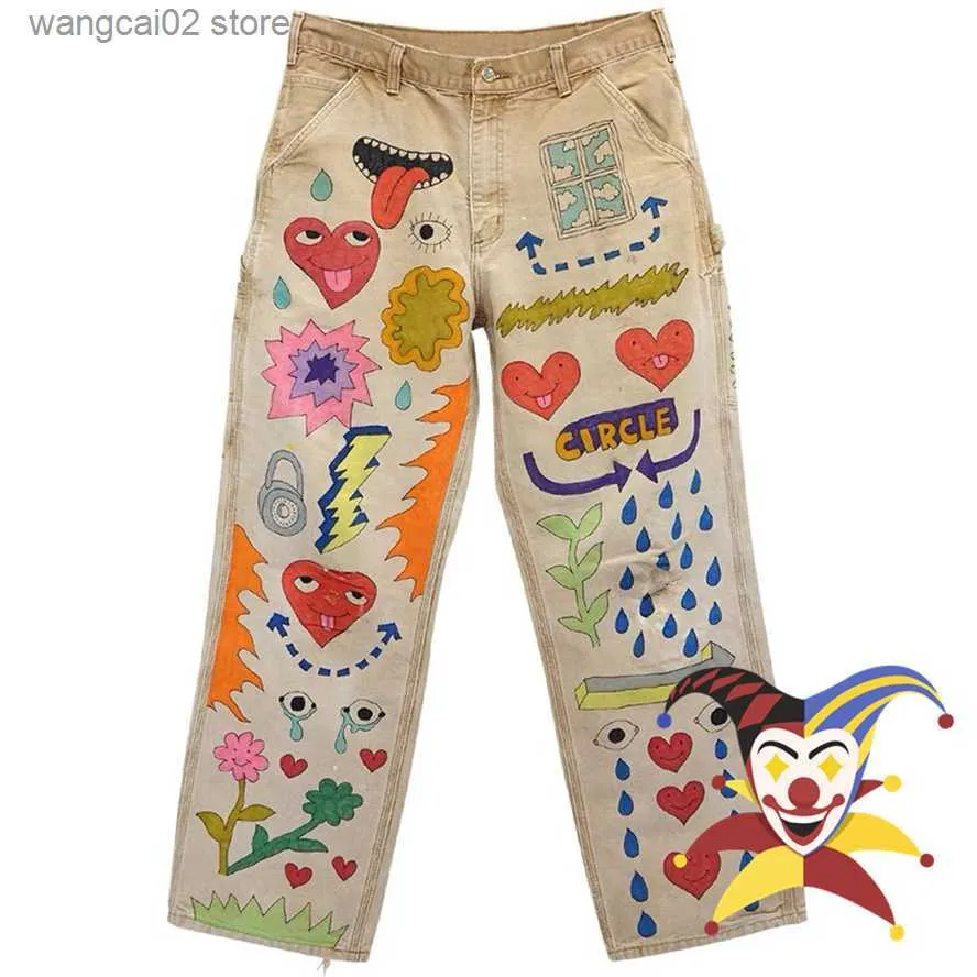 Jeans Masculino High Street Damasco Vintage Desenhado à Mão Padrão Caricatura Calça Cargo T230621