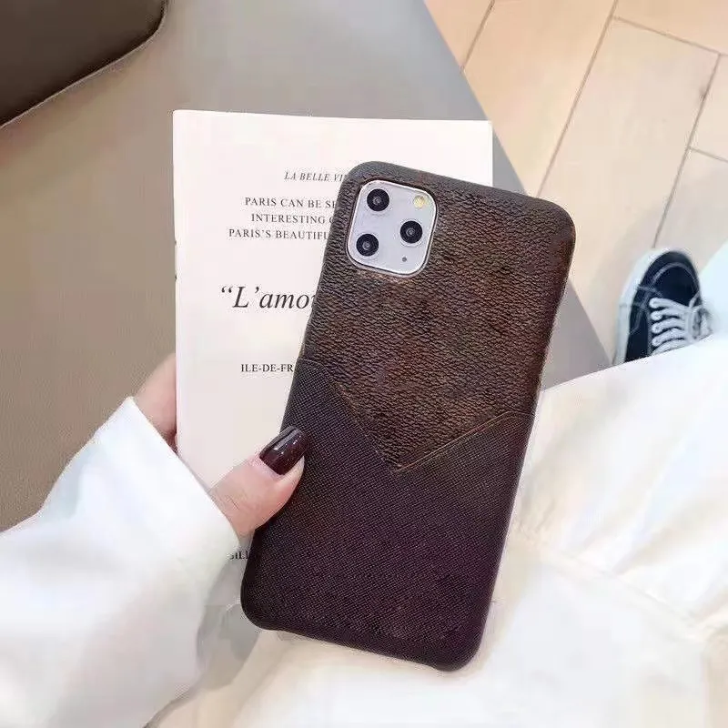 iPhone 13 Case Designer Phone Cases for Apple 15 12 11 Pro Max XS XR 8 7 Plus Luxury PU Leather V Patch Card Holders Pockets Pelle Marrone Back Covers Coque Brown Flower