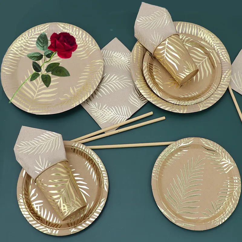 Disposable Take Out Containers Kraft Paper Tableware Set Golden Colored Palm Leaf Pattern Plate Cup Towel Straw Party Wedding Birthday Cutlery 230620