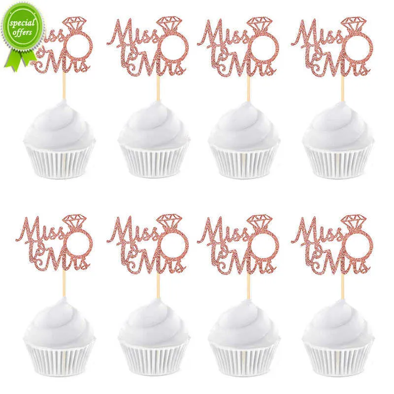 Novo anel de diamante com glitter 24/12 peças Miss to Mrs Cupcake Toppers para casamento, festa de noivado, bolo, decorações, suprimentos para chá de panela