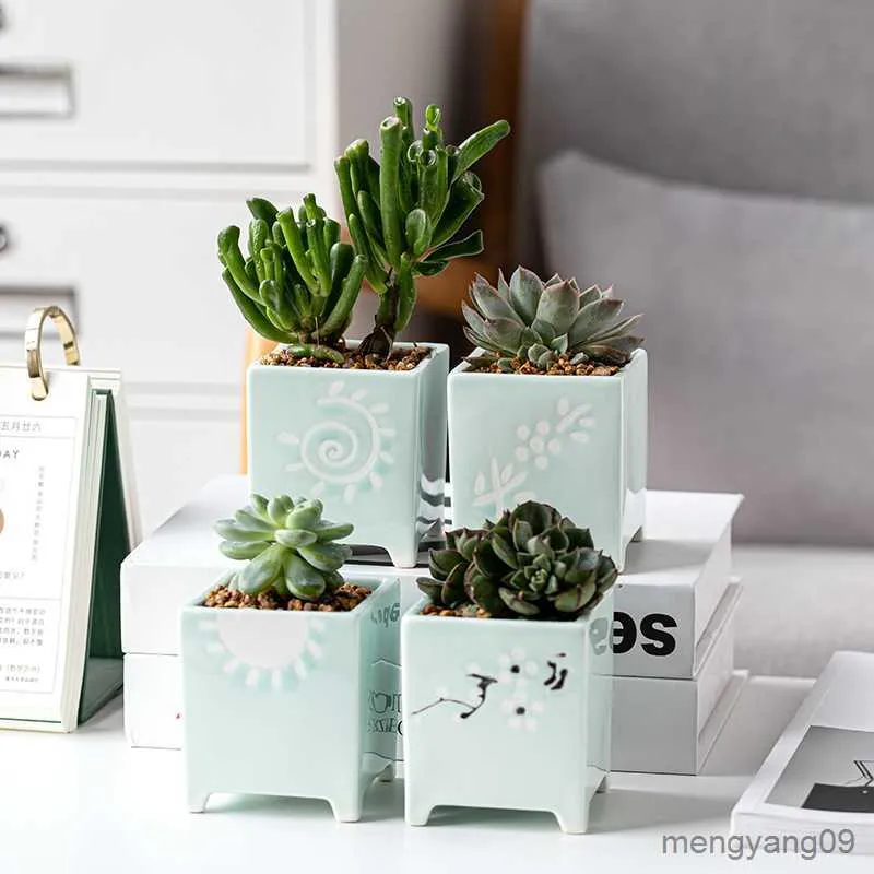 Jardinières Pots Maison Jardin Succulent Simplicité Carré Pot De Fleurs En Céramique Mini Impression Chambre Bureau Creative Artisanat Décor À La Maison Pots R230621